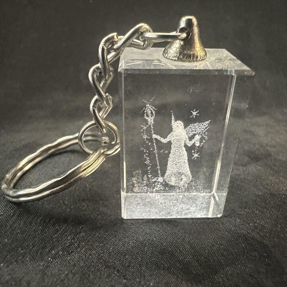 Crystal Clear Glass 3D Laser Etched PIXIE FAIRY STAF  Key Ring